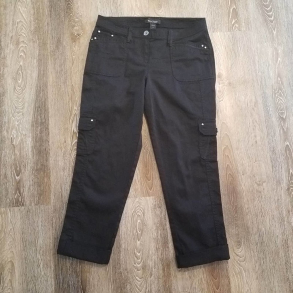 𝅺whbm Black Cargo Crop Pants Stretch Ribbon Blingy